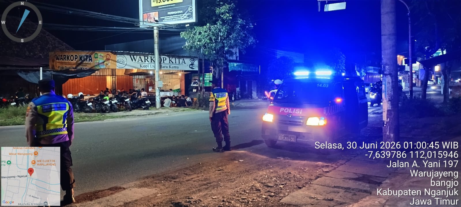 Antisipasi Kejahatan Jalanan Malam Hari, Polsek Warujayeng Gelar Razia SREG di Jln. A. Yani Tanjunganom