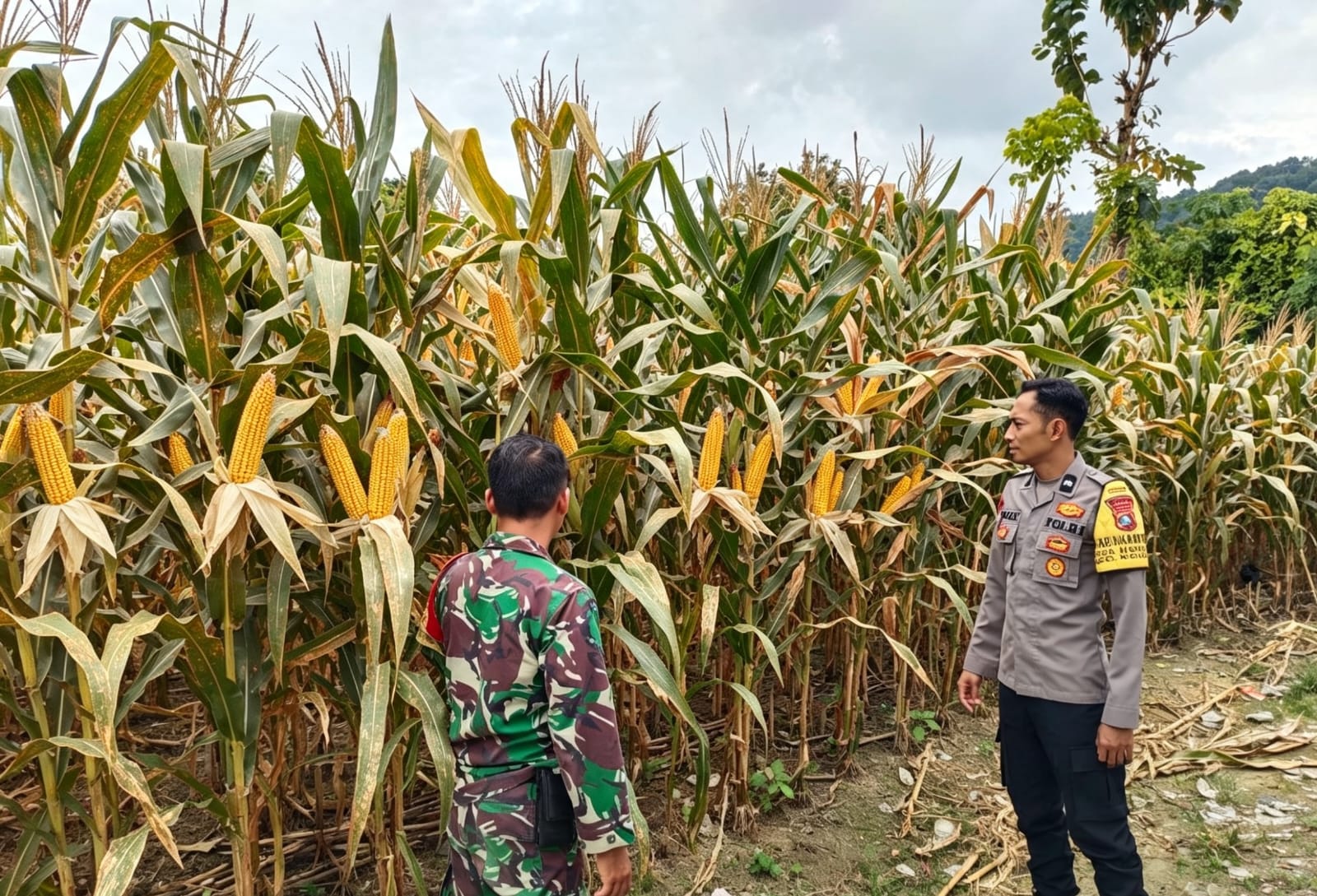 Jelang Panen, Bhabinkamtibmas Desa Ngluyu Pantau Jagung Berhasil dengan Tongkol Besar